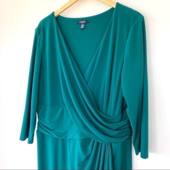 Chaps faux wrap midi dress, surplice top and ruched waist,  stretch, plus size - Picture 10 of 14